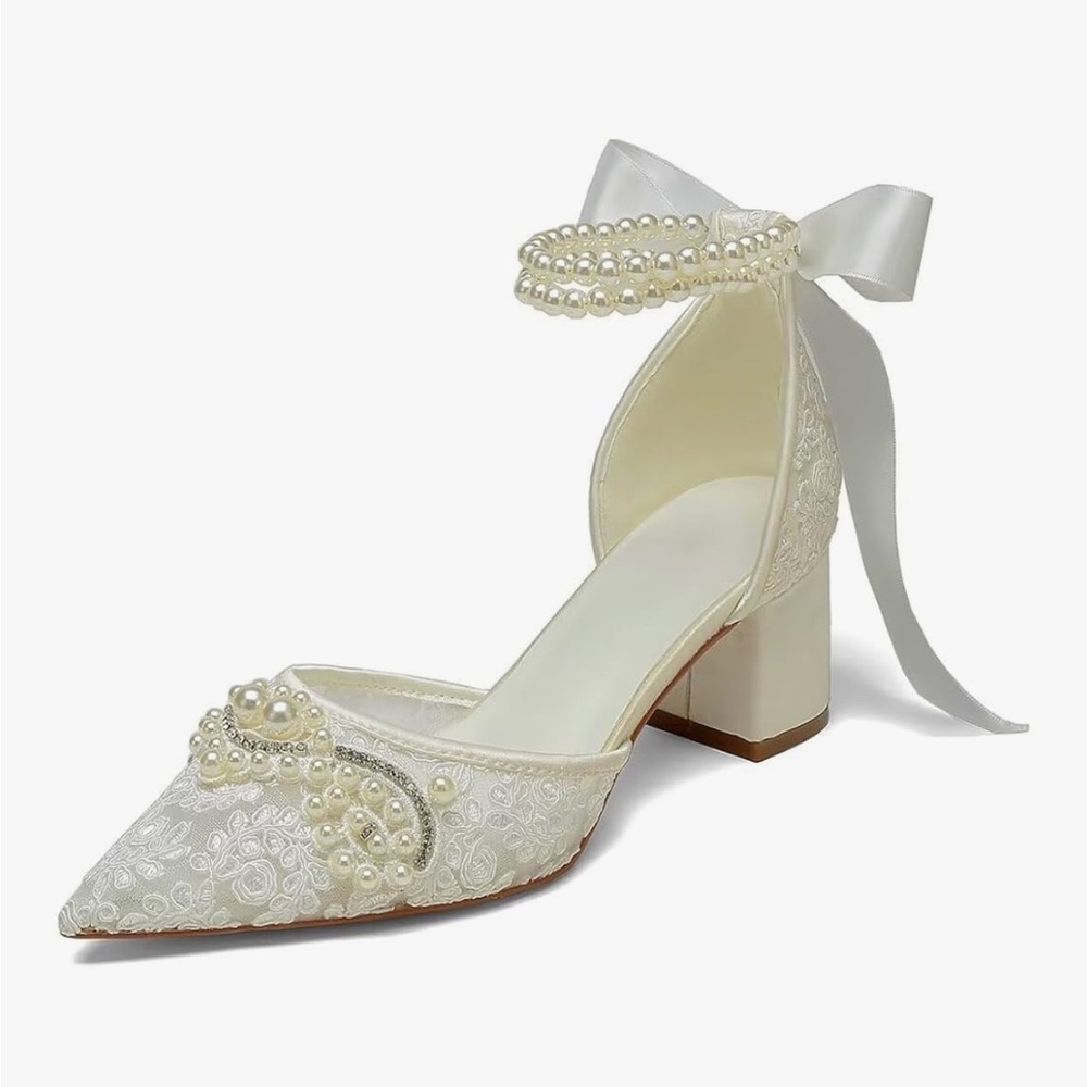 Amazon Pearl-Embellished Cream Heels